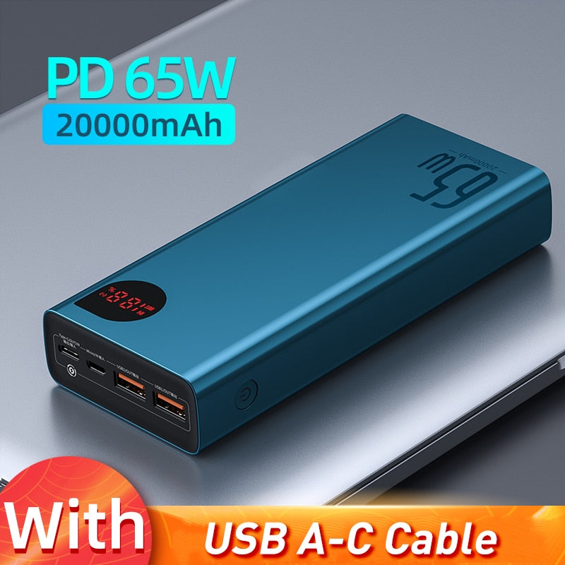 Baseus 65w power bank 30000mah/20000mah pd carga rápida fcp scp powerbank portátil carregador externo para smartphone tablet portátil