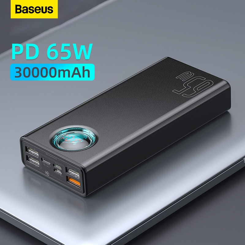 Baseus 65w power bank 30000mah/20000mah pd carga rápida fcp scp powerbank portátil carregador externo para smartphone tablet portátil